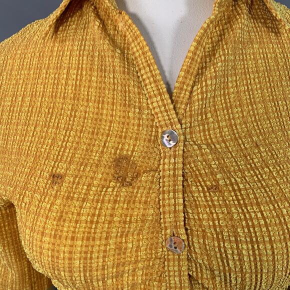 NANUSHKA Size L Yellow Brown Polyester Blend Plaid Short Sleeve Shirt - Picture 5 of 7